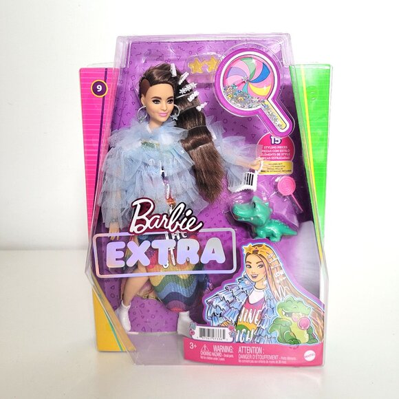 Barbie Extra #9 Brown Hair Doll in Rainbow Dress Alligator Pet Mattel - NRFB - Picture 1 of 2